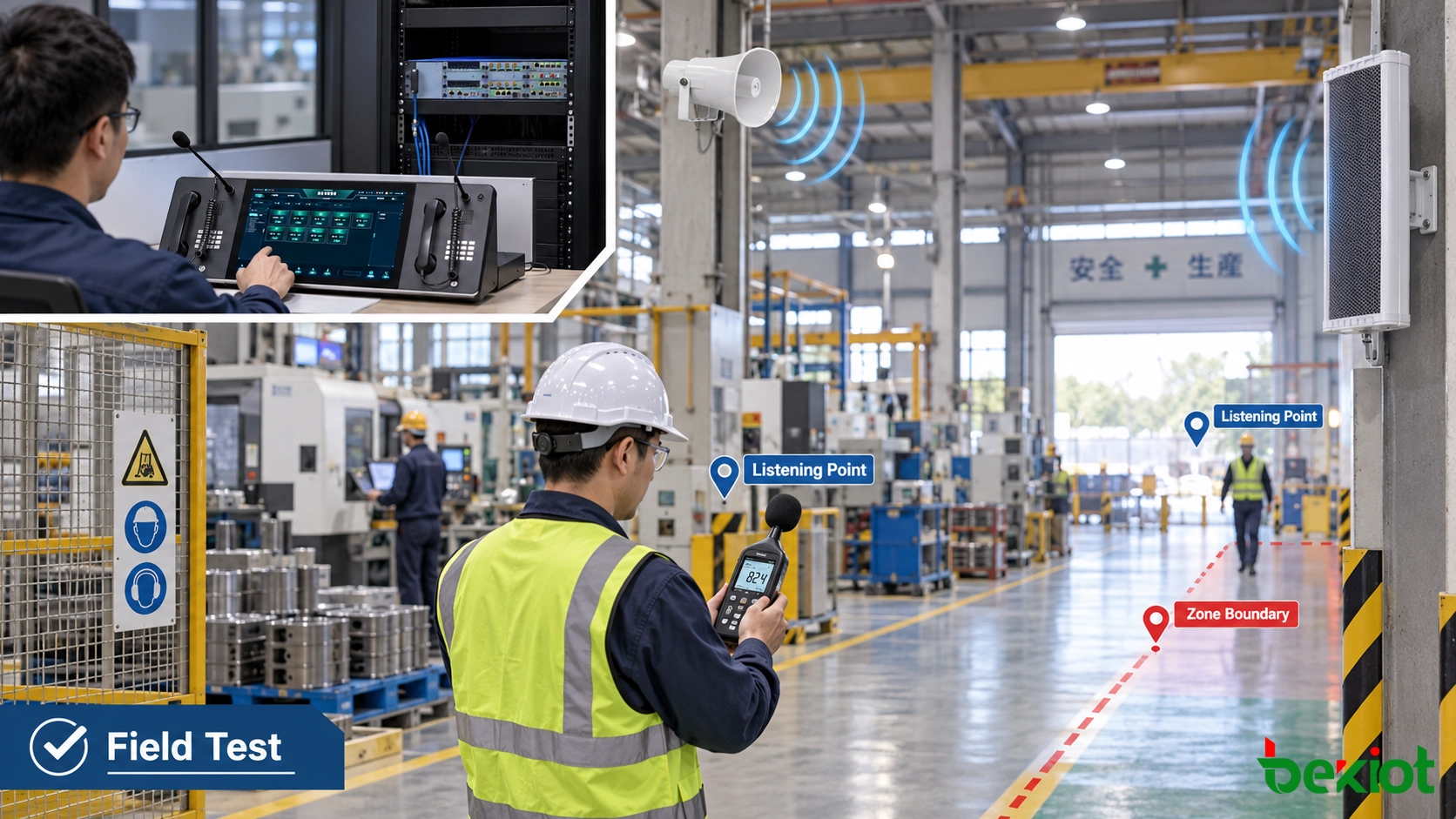 Technician verifying SIP paging loudspeaker audibility speech intelligibility and zone boundaries at industrial listening points