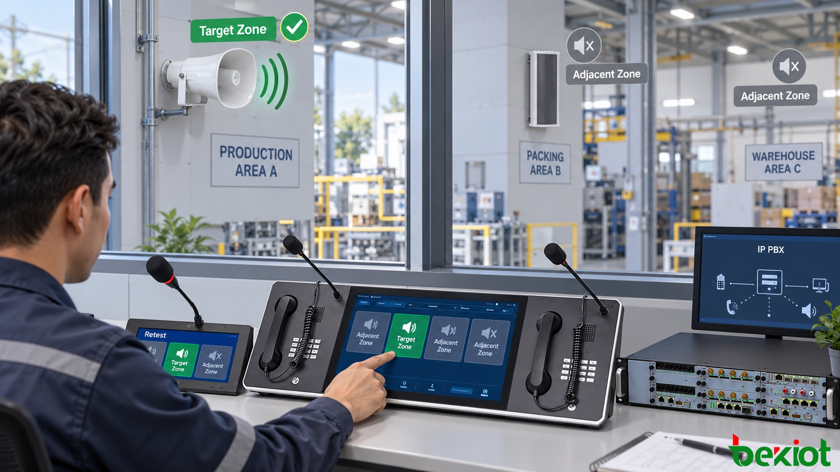 Industrial control room technician retesting corrected SIP paging zones with a dispatch console horn speakers and zone boundary