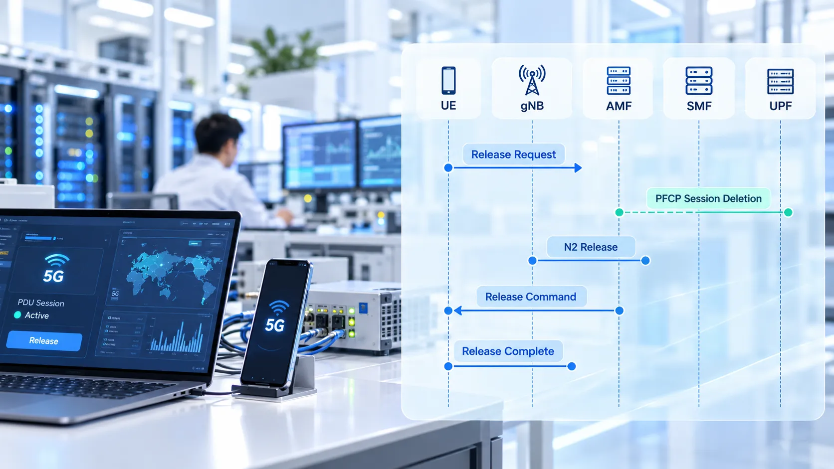 UE-initiated 5GC PDU Session Release where the Release Request reaches the SMF through the gNB and AMF, the SMF deletes the UPF PFCP Session, and N2 Resource Release plus NAS Release Command clear gNB and UE resources