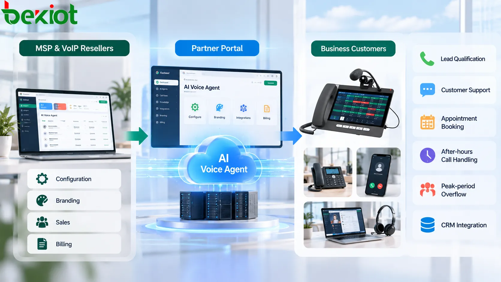 Voip Unlimited AI Agent configured, branded and billed by MSPs and VoIP resellers through the Partner Portal before being delivered to business customers as an AI voice service