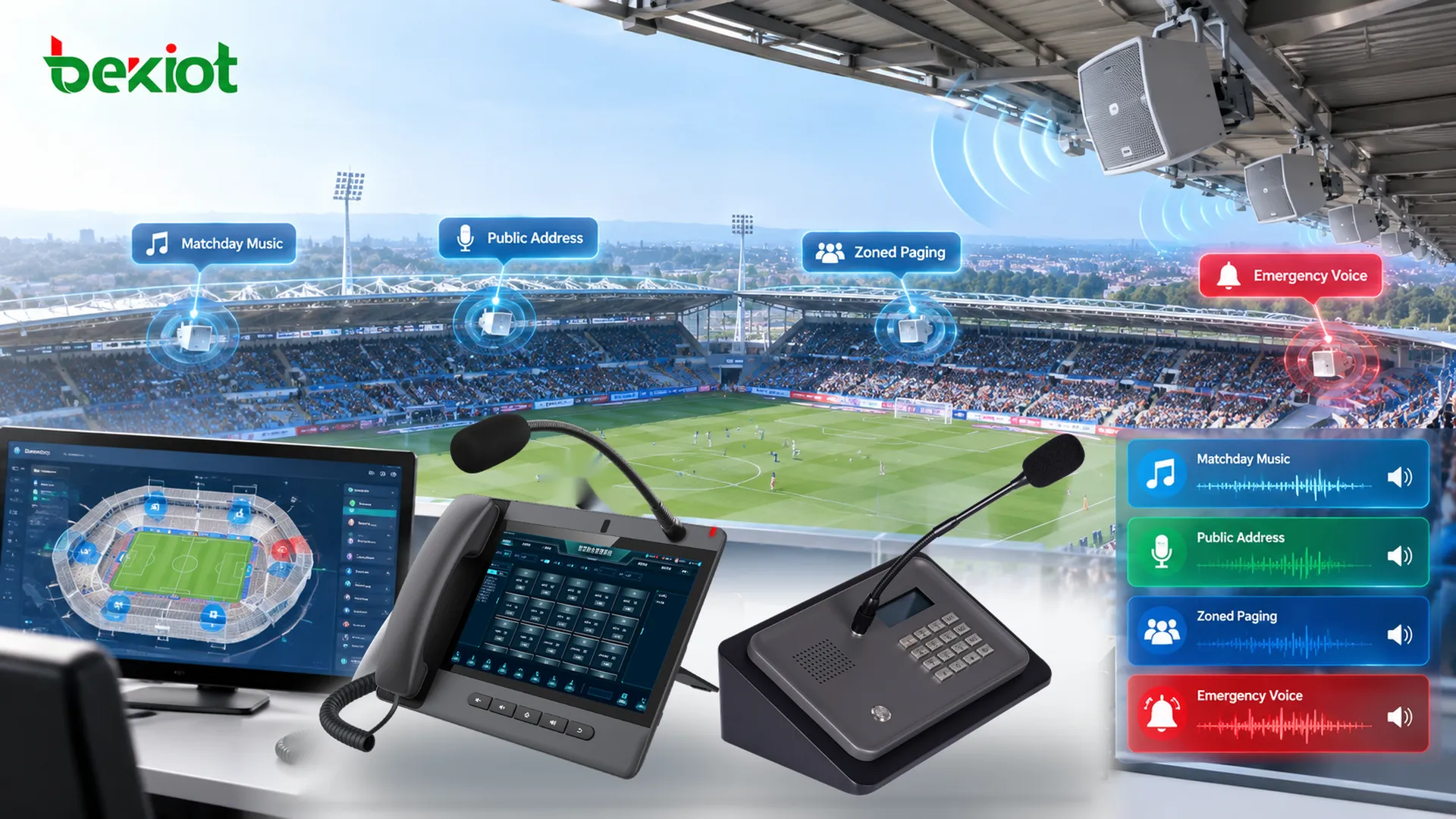 New Chesterfield FC stadium PA and voice alarm system using all-weather loudspeakers across four stands for matchday music, public address, zoned paging and emergency voice announcements
