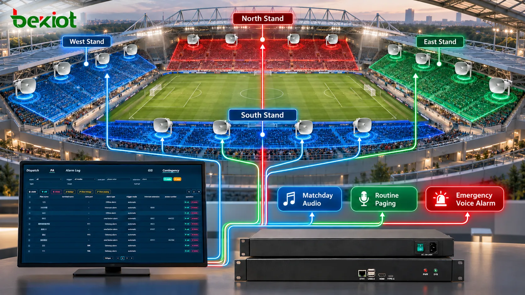 Stadium PAVA system dividing East, West, North and South stands into separate broadcast zones for matchday audio, routine paging and high-priority emergency voice alarms