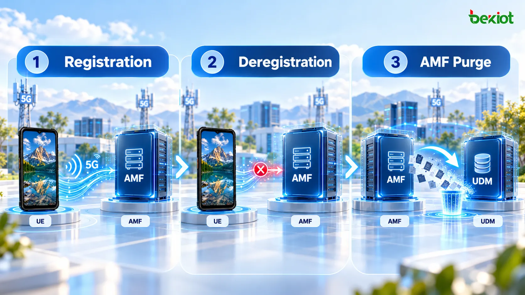 Difference between Initial Registration, Network-Initiated Deregistration and AMF Purge in 5GC, with Purge occurring after deregistration to clean up AMF context and UDM relationships