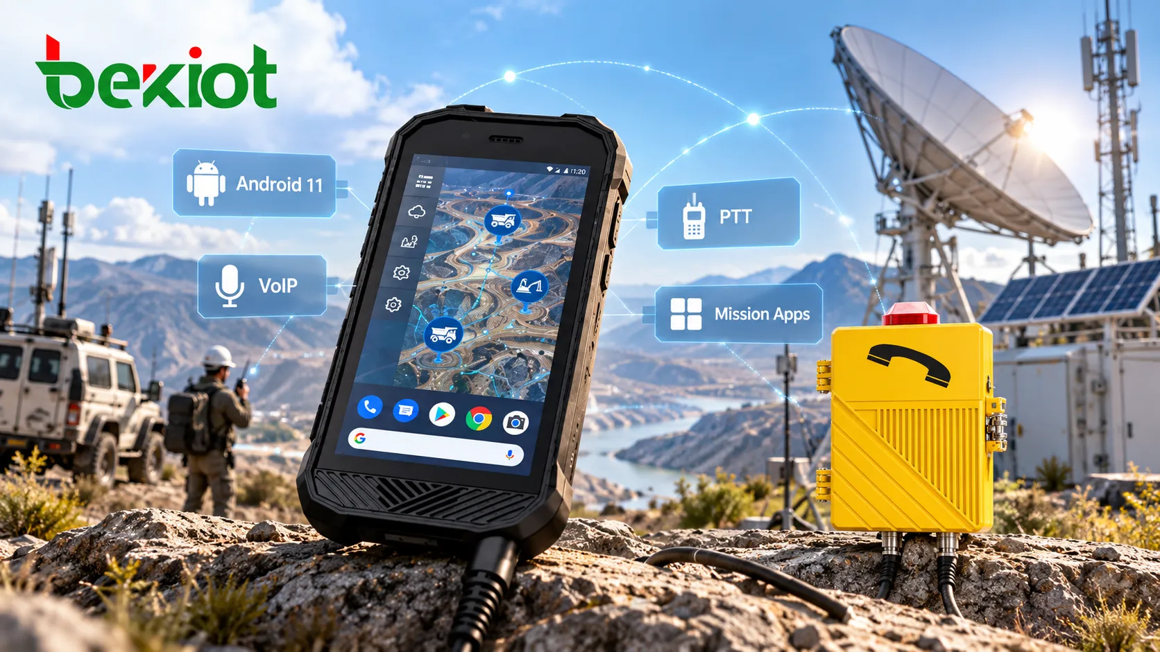 SVA 500 rugged VoIP communications terminal using a 5-inch touchscreen, Android platform and PTT button to support voice communications and mission applications in critical field environments