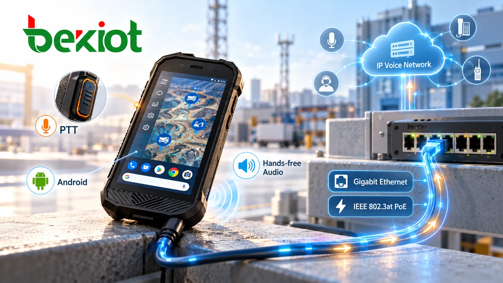 SVA 500 connecting to an IP voice network through Gigabit Ethernet and IEEE 802.3at PoE while using a physical PTT button, Android software and hands-free audio for field communications