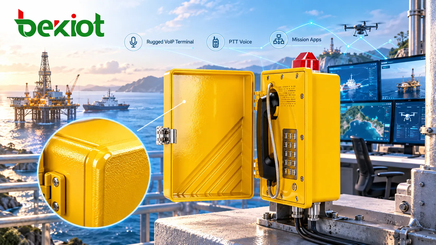 Rugged VoIP communications terminal deployed at remote control stations, maritime platforms and unmanned system ground control environments using wired IP networks for PTT voice and mission applications