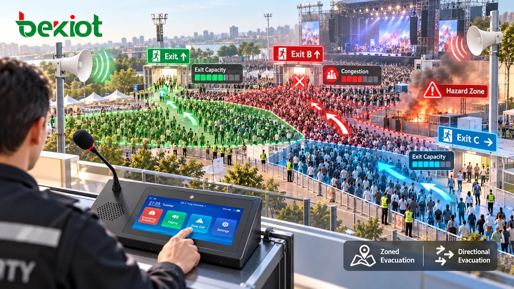 Mass event using zoned evacuation and exit distribution so different crowd areas receive different PA instructions based on exit capacity, congestion and hazard location