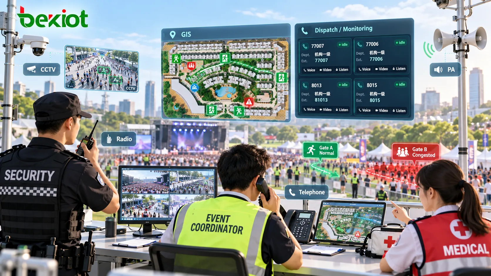 Mass-gathering command center using CCTV, GIS mapping, radio, telephone and PA systems to monitor crowd density, exit status and dispatch security, medical and field personnel in real time