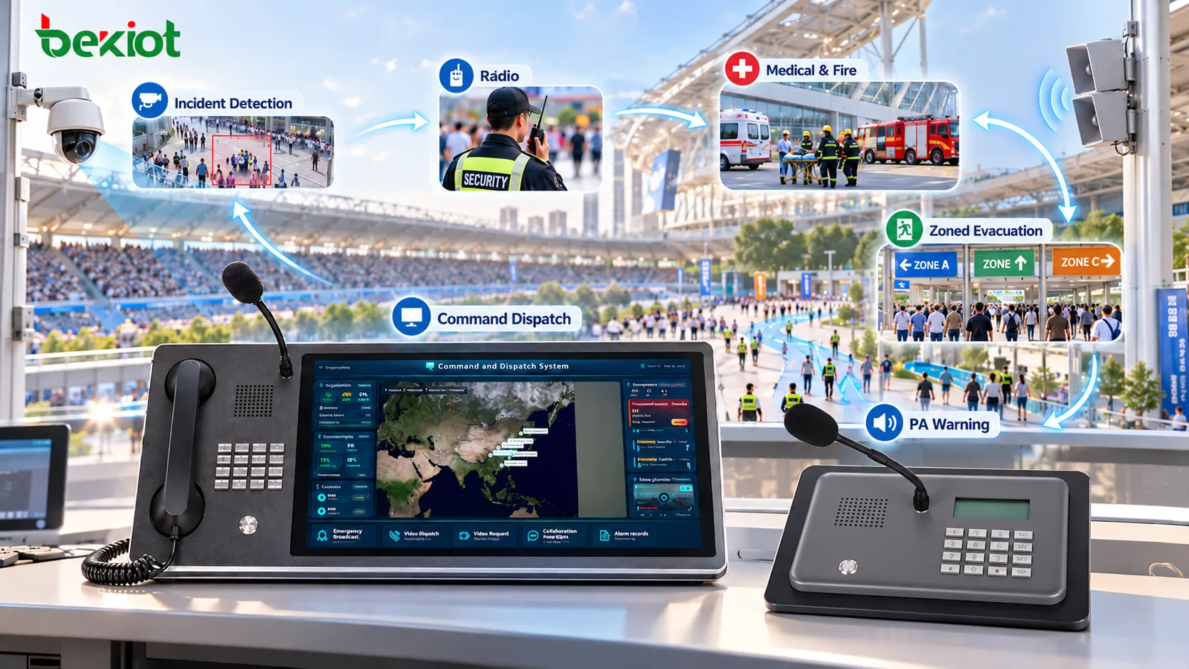 Mass-gathering emergency communications architecture integrating incident detection, PA public warning, command dispatch, radio field communications, zoned evacuation and medical and fire resource coordination
