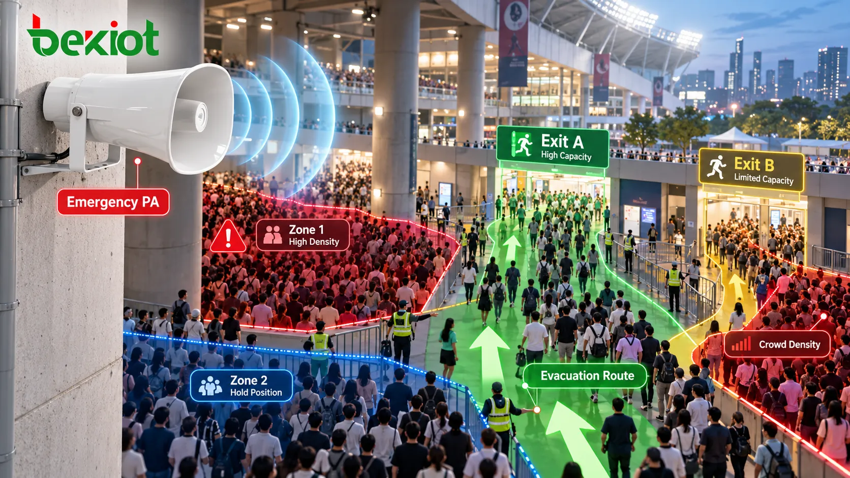Emergency PA announcements at a mass gathering interacting with crowd density, multiple evacuation zones and exit capacity to influence pedestrian movement and congestion risk
