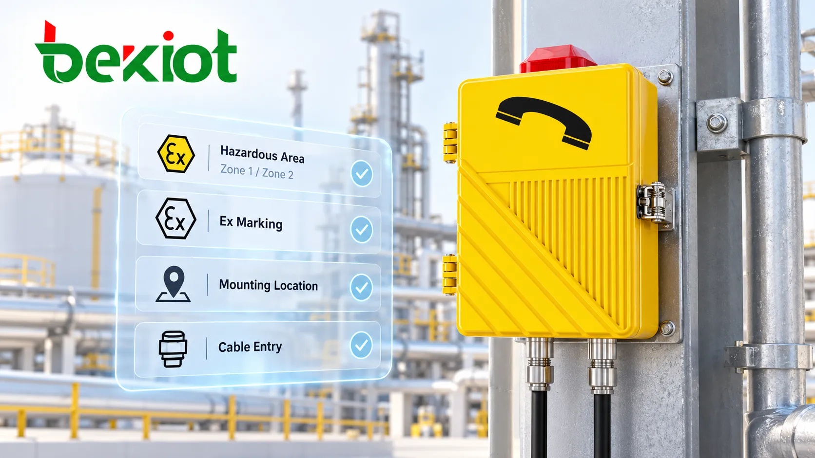 Explosion-proof telephone installation check covering hazardous-area classification, Ex marking, mounting location and cable entry before commissioning
