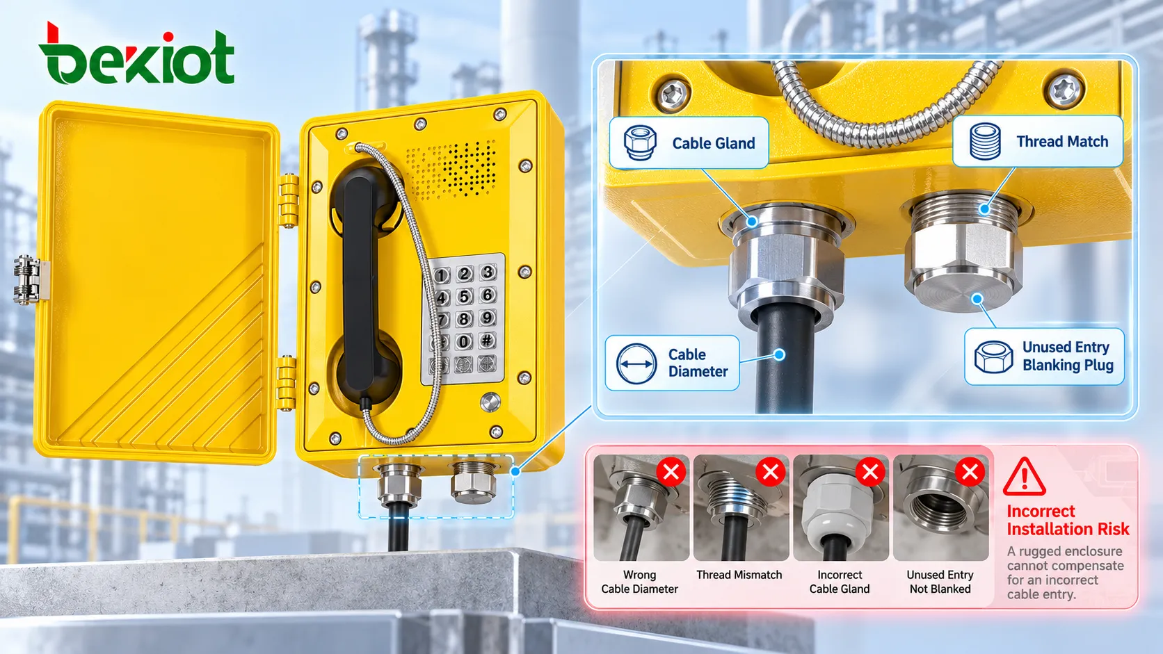 Explosion-proof telephone Cable Gland installation showing correct matching of cable diameter, thread and unused entry blanking components