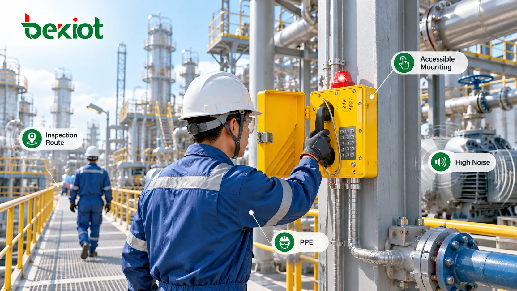 Explosion-proof telephone mounting in a chemical hazardous area considering inspection routes, operating height, PPE, high noise and emergency accessibility