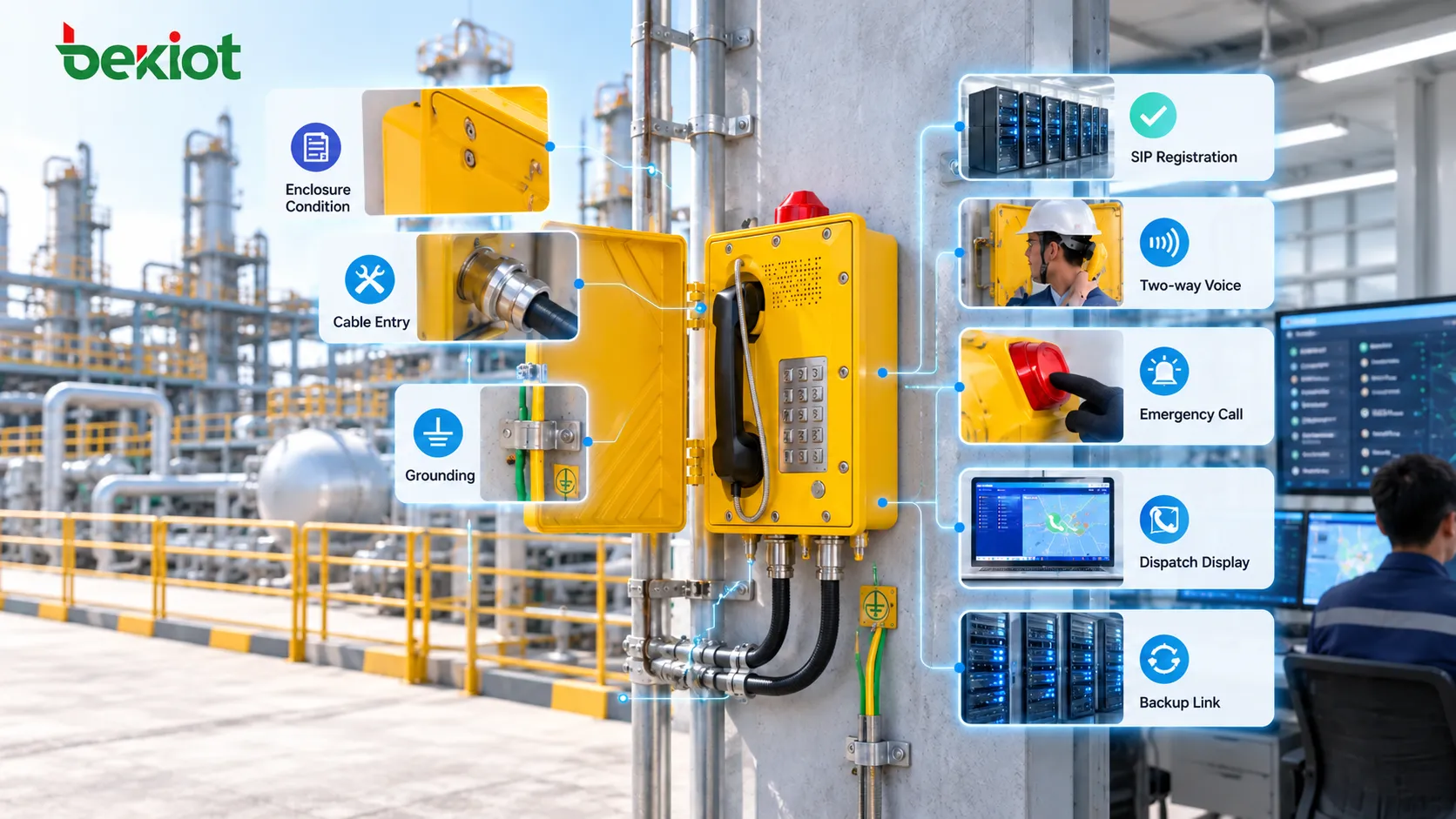 Initial acceptance testing of an explosion-proof telephone covering enclosure condition, cable entry, grounding, SIP registration, two-way voice, emergency calls and backup communications