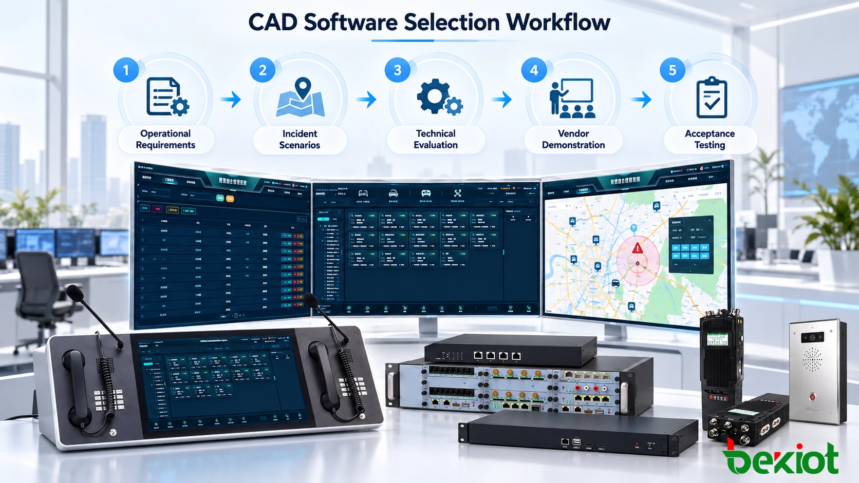CAD software selection workflow showing operating requirements, incident scenarios, evaluation criteria and vendor acceptance testing