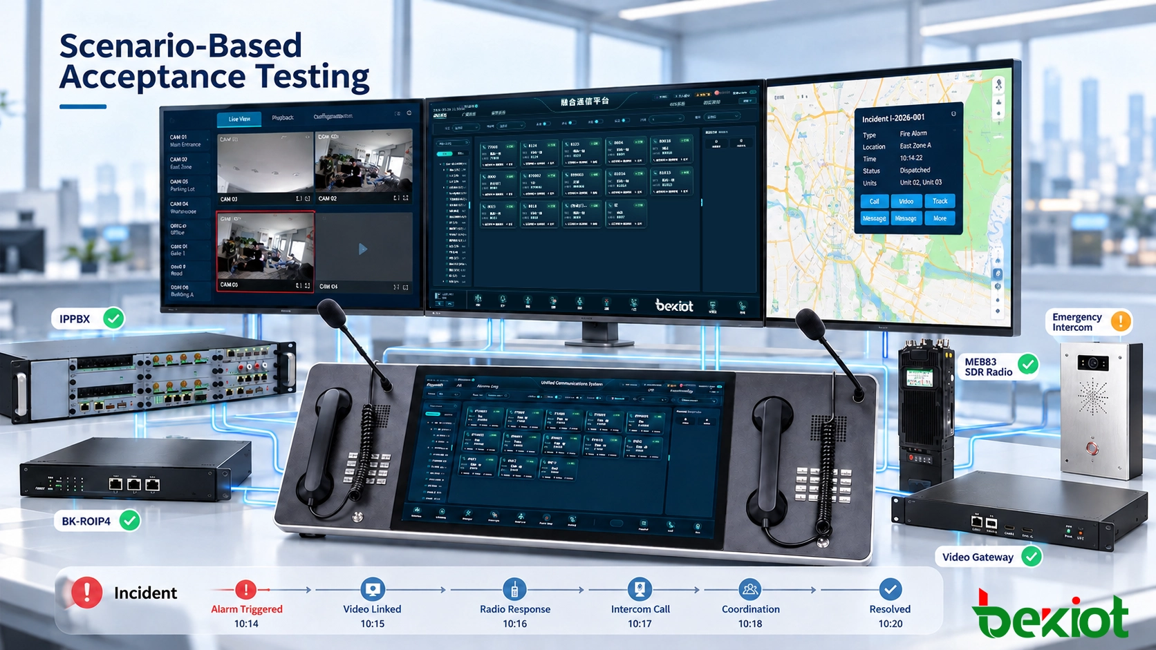 CAD vendor acceptance test showing incident timeline, GIS resource positions, dispatcher assignments and interface status under a simulated communication failure