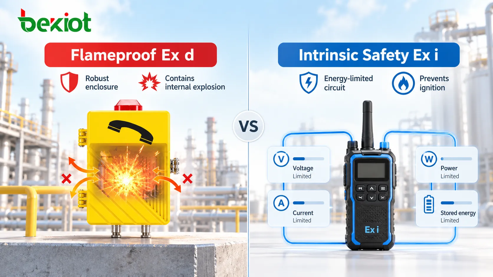 Flameproof Ex d communication terminals use a robust enclosure to contain an internal explosion, while intrinsically safe Ex i terminals limit voltage, current, power and stored energy to prevent ignition