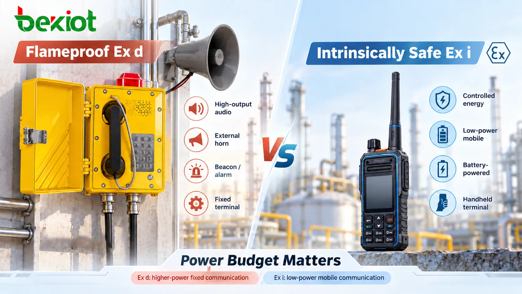 Flameproof Ex d fixed communication terminal supports higher-output audio, horn and visual alarm functions, while intrinsically safe Ex i handheld terminals prioritize controlled energy and low-power mobile communication