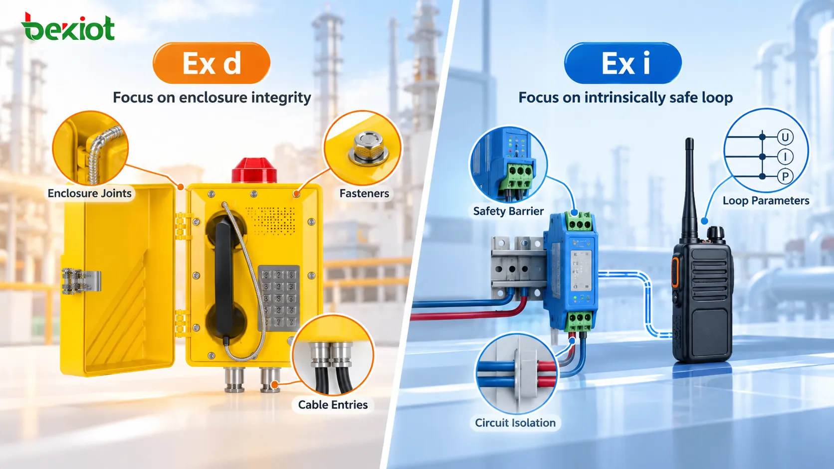 Ex d communication equipment maintenance focuses on preserving flameproof enclosure joints, fasteners and cable entries, while Ex i systems require verification of safety barriers, circuit isolation and intrinsically safe loop parameters